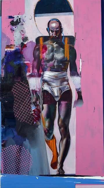 Rayk Goetze: Bote, 2019, Öl, Acryl auf Leinwand, 160 x 85 cm 

